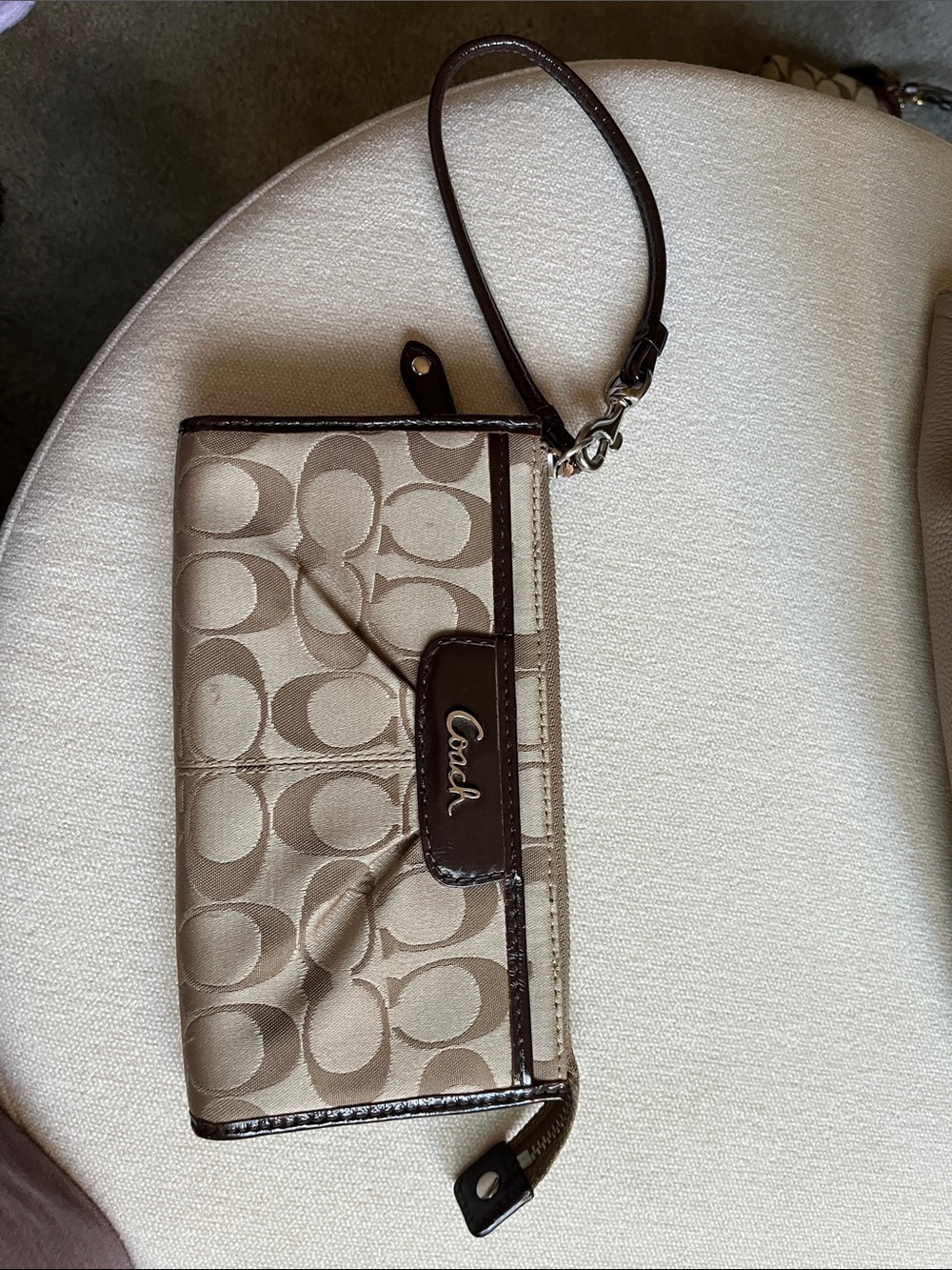 Coach Khaki Canvas Wristlet with Brown Leather Trim